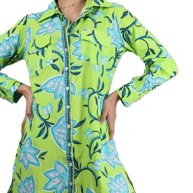 Classic Shirt Dress turned up a notch in Vibrant Lime Florals