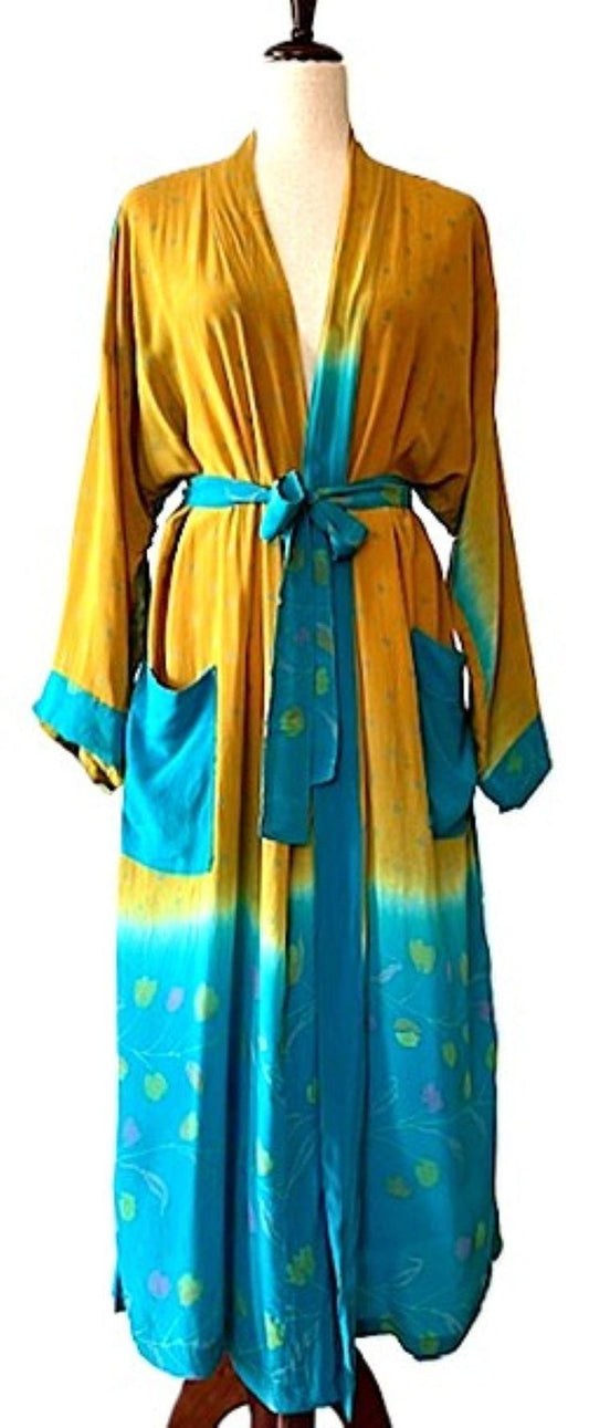 Long Silk Kimono Duster,  Dramatic Mixed Prints. (Bronze Turquoise)