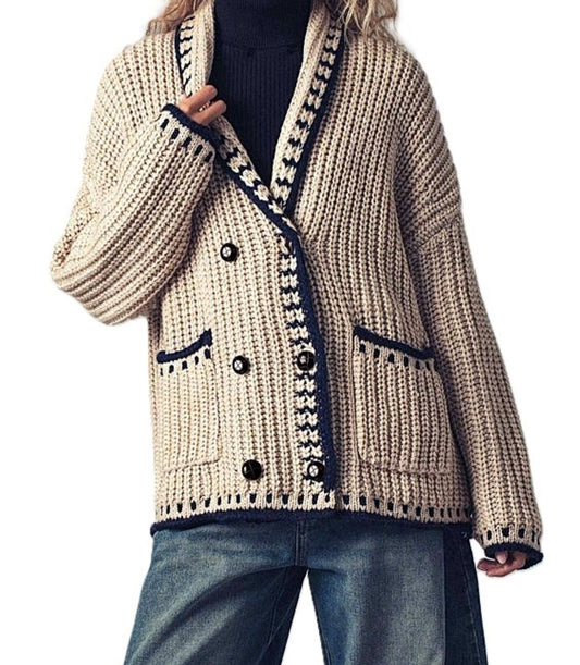Jacket, Preppy Goes Boho In This Chunky Knit Cardigan Sweater.  (Oatmeal)