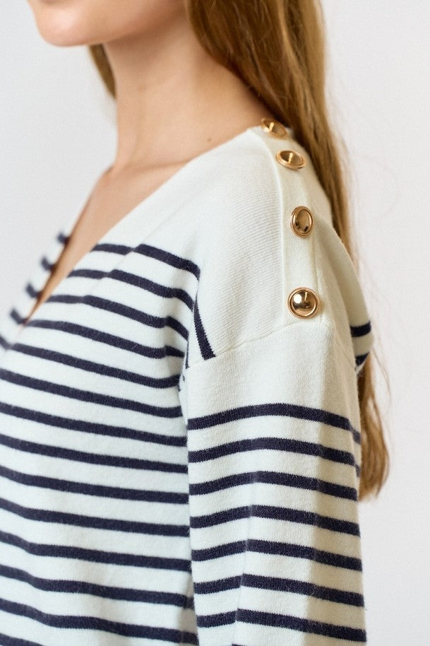 Nautical Striped Knit Dress With Shoulder Detailing. Navy and Cream