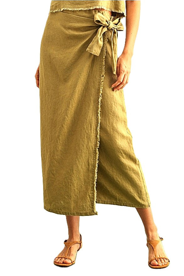Skirt Sets, Raw Hem Linen Wrap With Short Sleeve Square Neck Top (Mustard)
