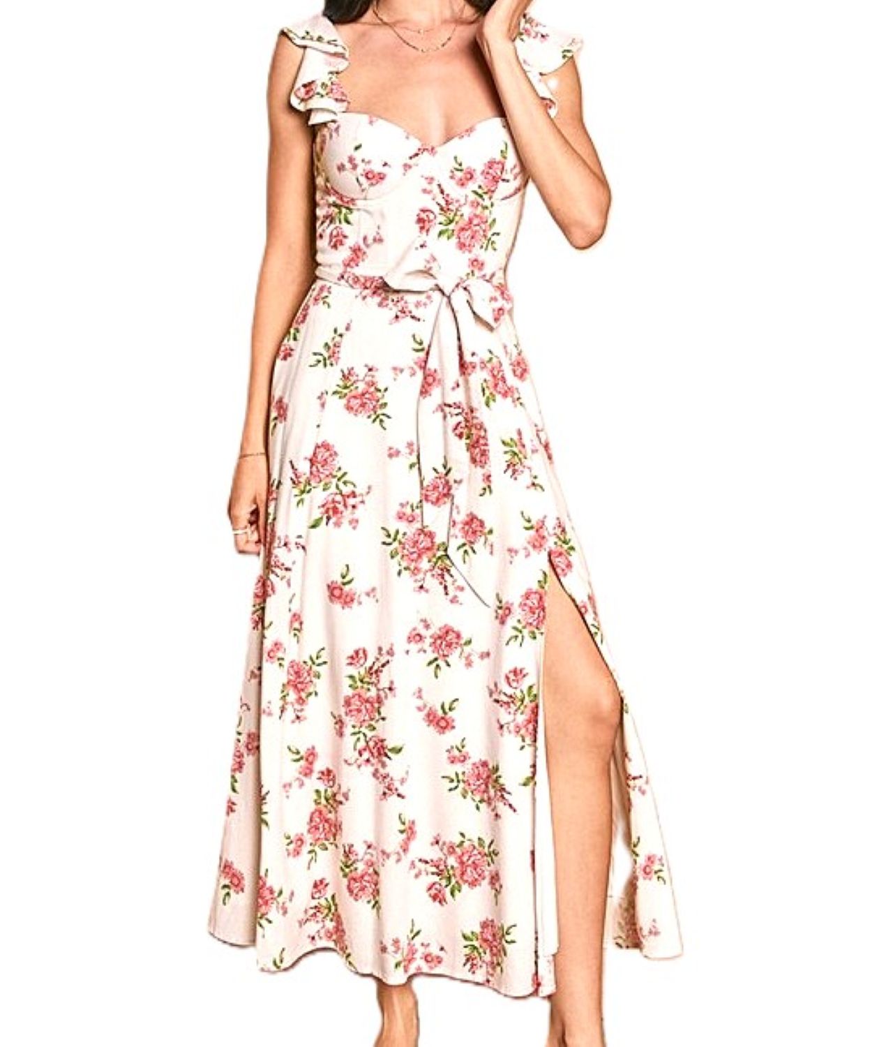 Dresses: Pink Floral Corset Flutter Midi.