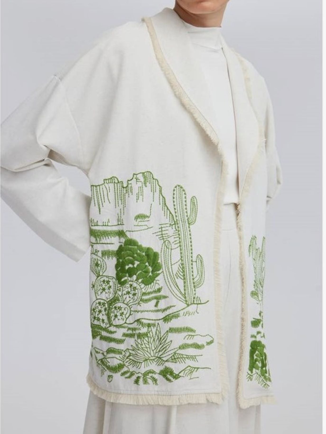 Embroidered Linen Jacket with Fringe Detailing. Desert Scene.