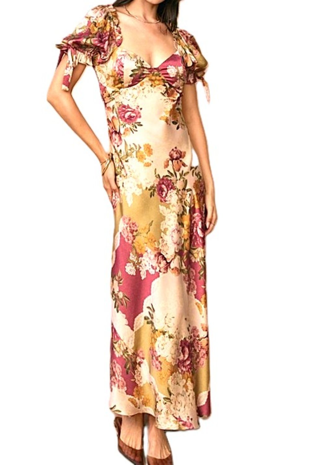 Dresses: Patchwork Floral Bow Tie Puff Sleeve Dress (Fall Colors)