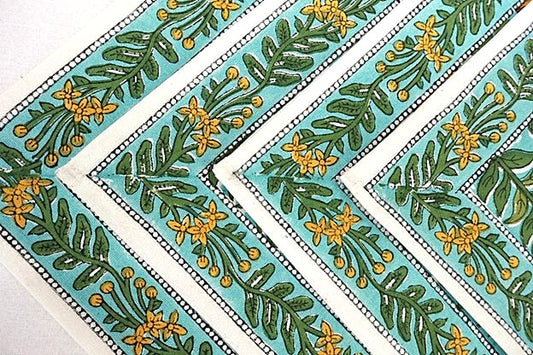 Block Print Bordered Dinner Napkins In A Beautiful Floral Print (Aqua Mint)