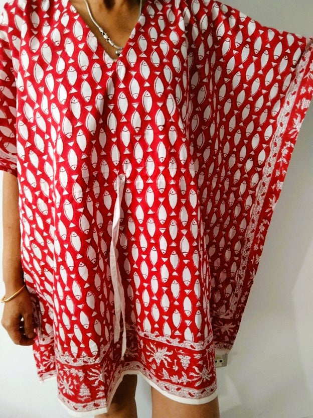 Classic Short Handmade Caftan. Lounging, Beach or Pool Perfect. (Red Fish)