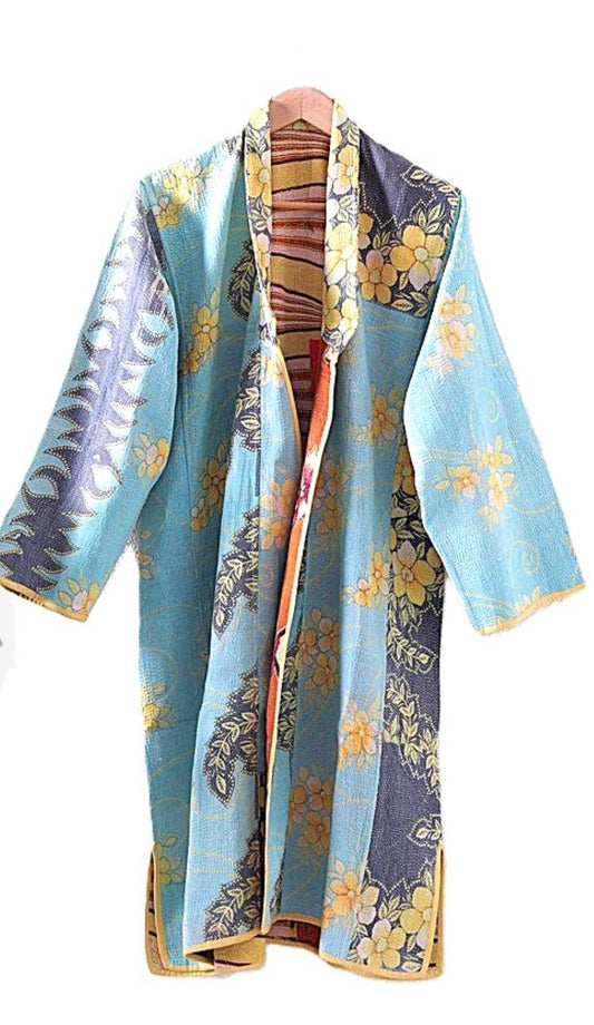 Jacket - Wearable Art,  Kantha Embroidered, Fully Reversible Boho Kimono: Handmade (Blue)