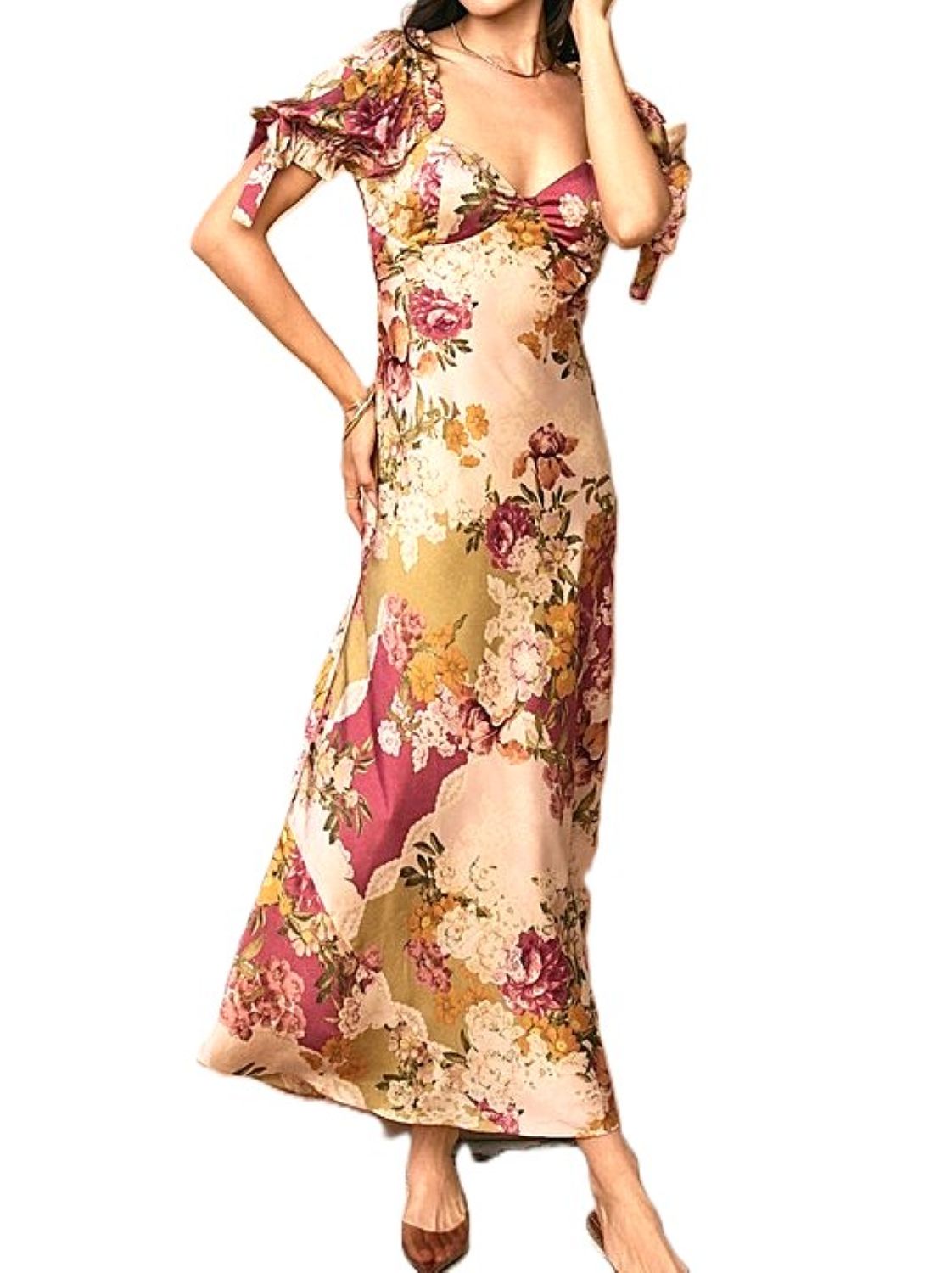 Dresses: Patchwork Floral Bow Tie Puff Sleeve Dress (Fall Colors)