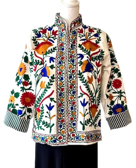 Wearable Art In This Hand Embroidered Short Jacket.  (White Primary Colors)