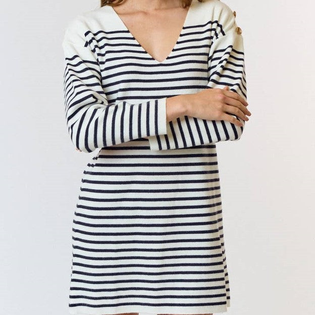 Nautical Striped Knit Dress With Shoulder Detailing. Navy and Cream