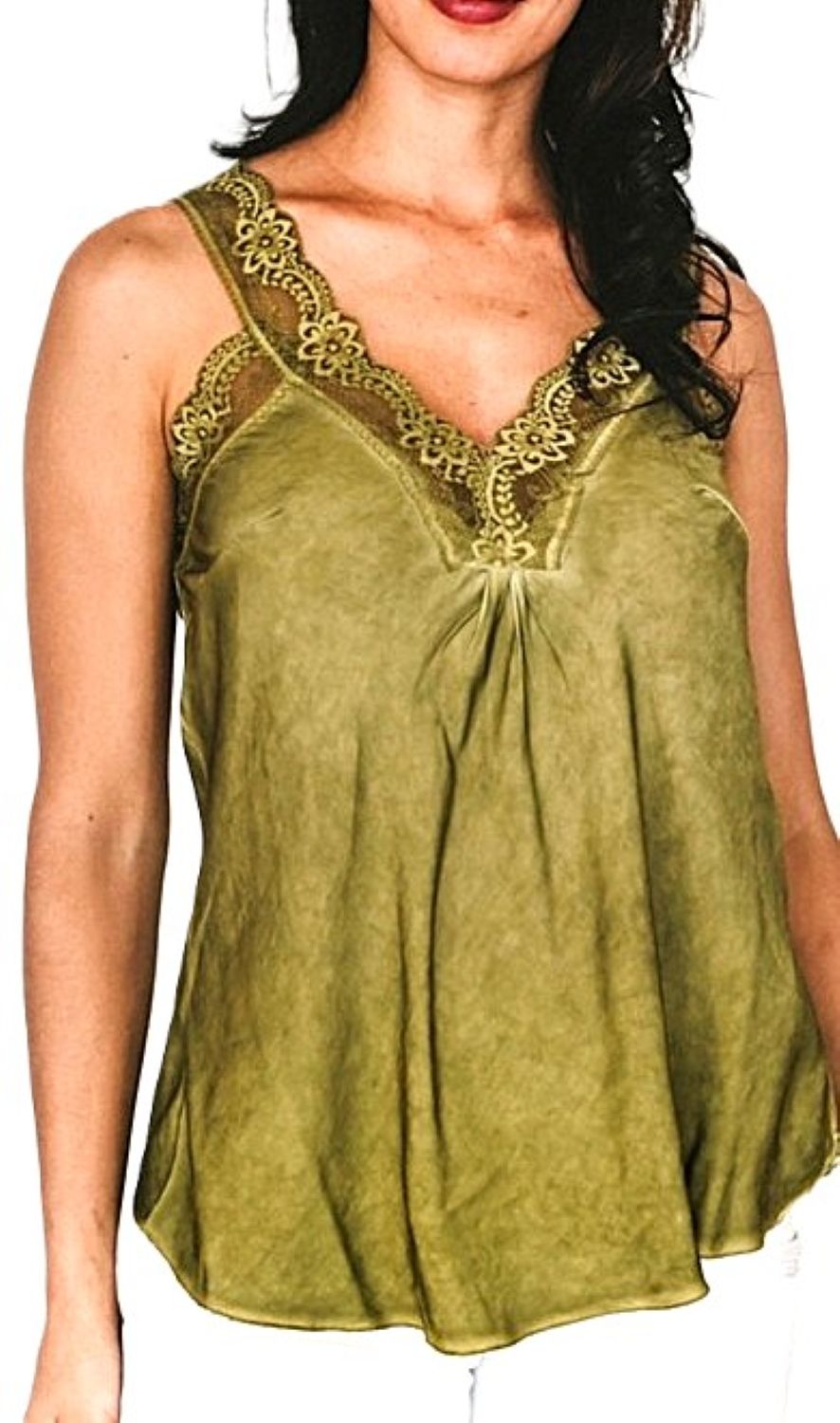 Top,  Lingerie Themed Silk Tank with V-Neck Lace. (6 colors)