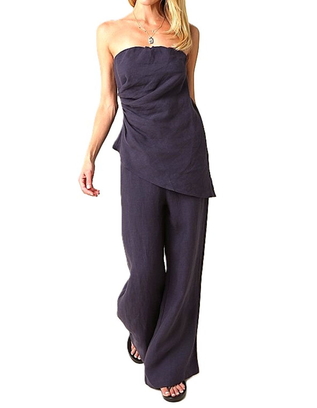 2 Piece Linen Pantset Features A Strapless Asymmetrical Top With Wide-Leg  Pants. (Navy)