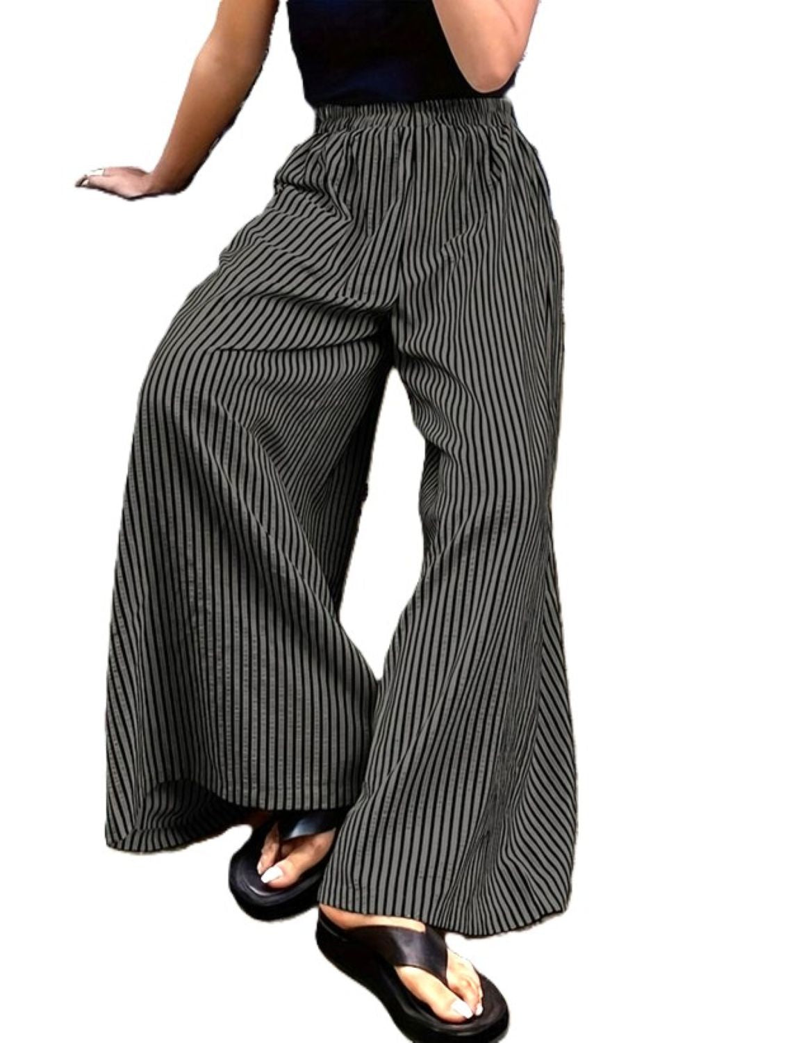 Pants. Relaxed Fit Casual Striped Wide-Leg (Navy or Black Stripe)