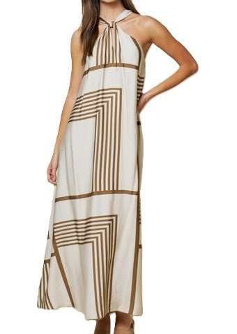 Dresses: Dresses: Geo Print Front Tie Keyhole Halter Maxi.