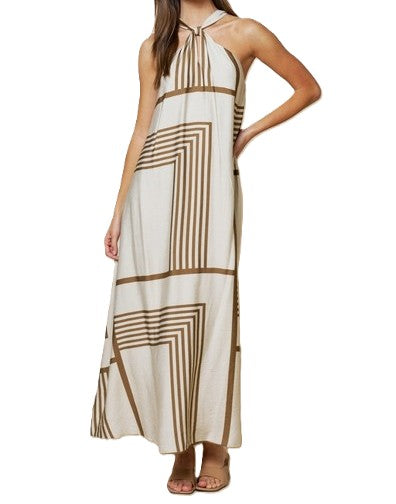 Dresses: Dresses: Geo Print Front Tie Keyhole Halter Maxi.