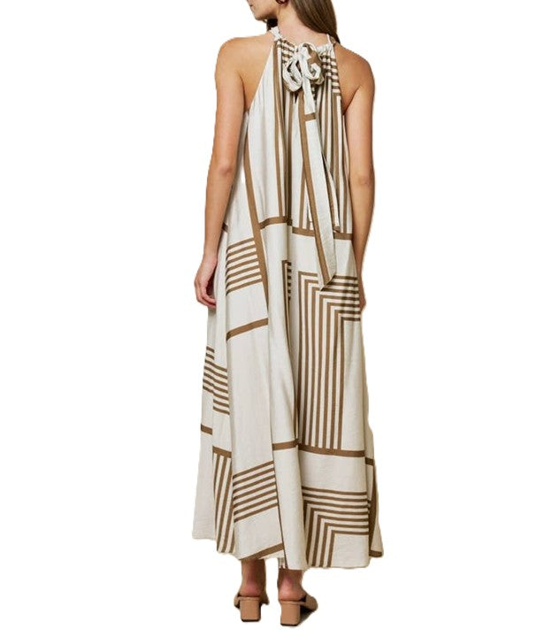 Dresses: Dresses: Geo Print Front Tie Keyhole Halter Maxi.