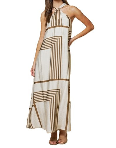 Dresses: Dresses: Geo Print Front Tie Keyhole Halter Maxi.