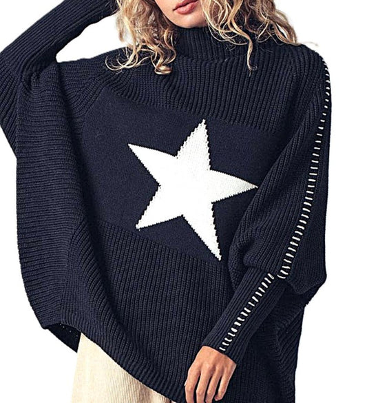 Top, Oversized Star Sweater Tunic with Side Stitch (Black)