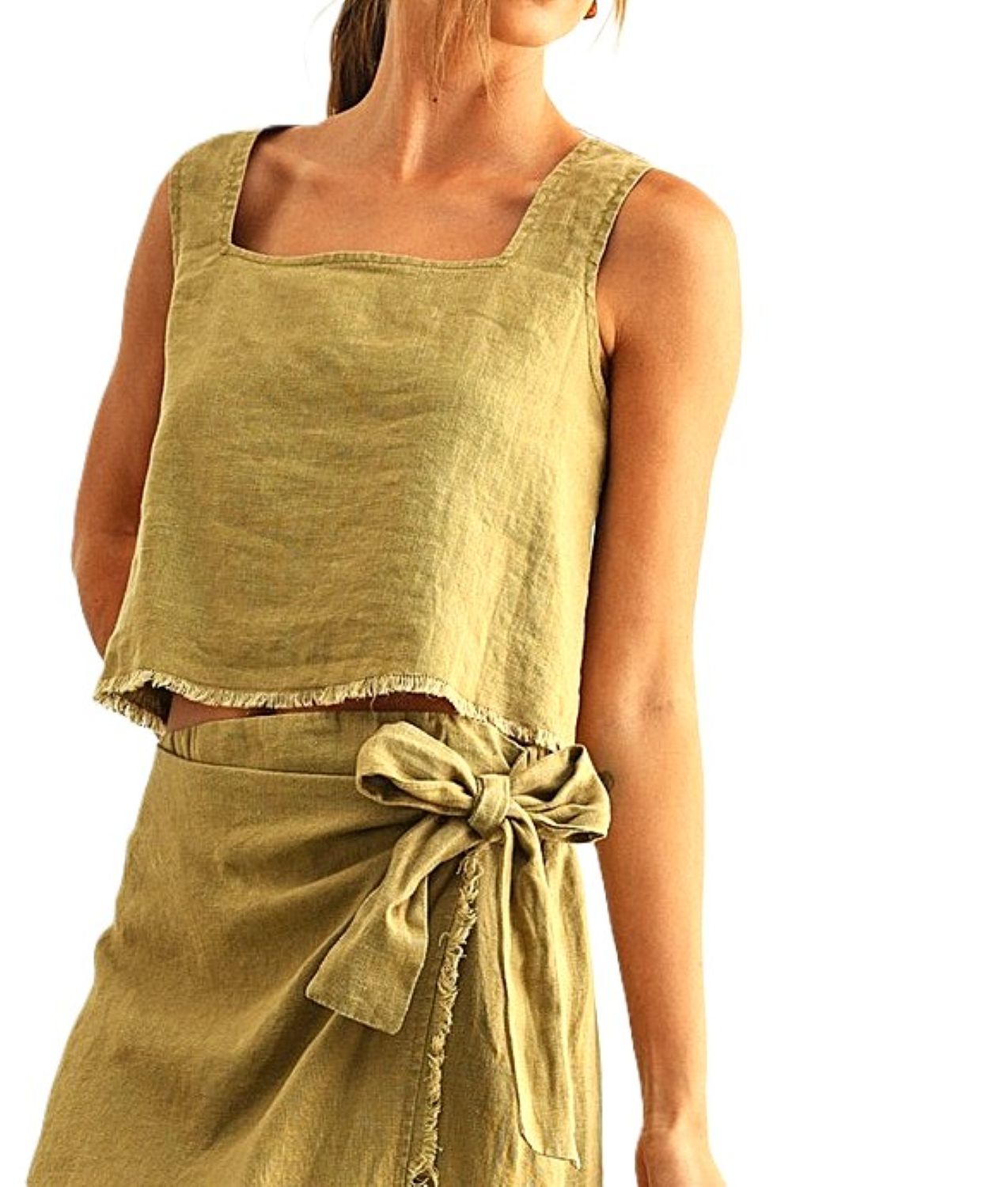 Skirt Sets, Raw Hem Linen Wrap With Short Sleeve Square Neck Top (Mustard)