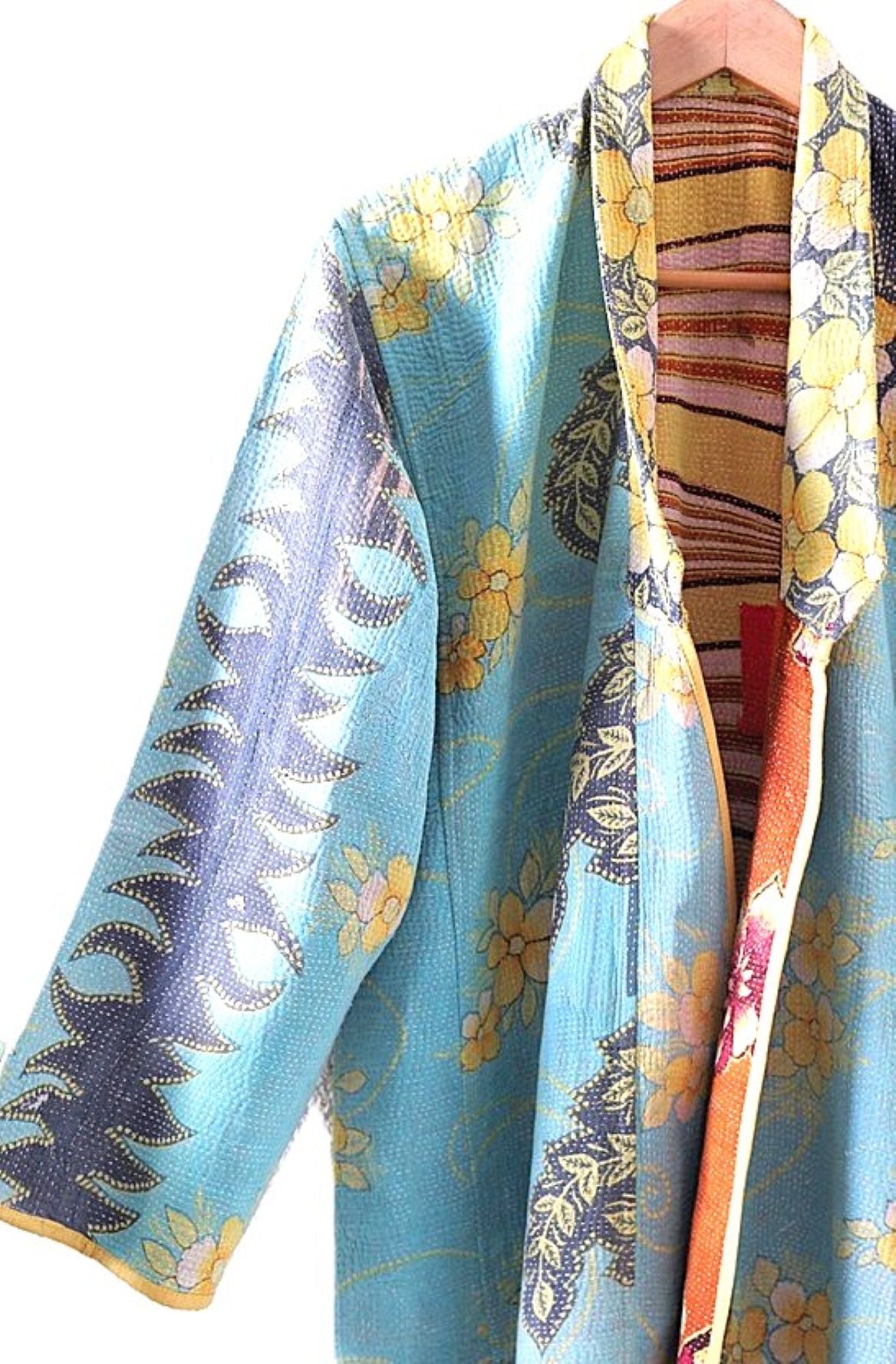 Jacket - Wearable Art,  Kantha Embroidered, Fully Reversible Boho Kimono: Handmade (Blue)