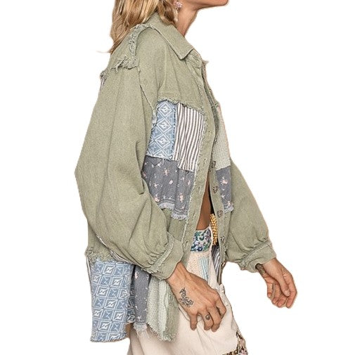 Collared Floral Patchwork Jacket, Frayed Hem Vintage Wash. New Best Seller.