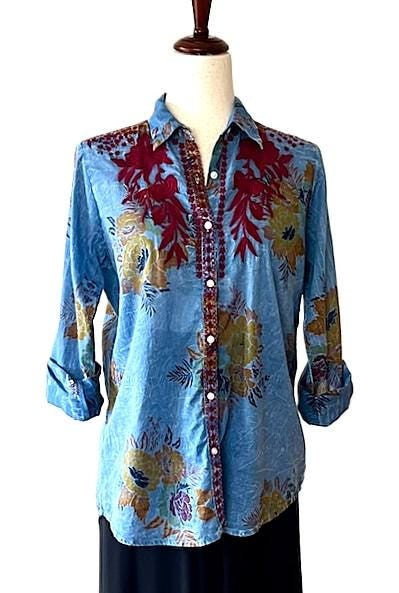 Top:Boho Western Inspiration Has Hit It's Mark With Handmade Embroiderd Shirts. Best Seller. (Blue) (Copy)