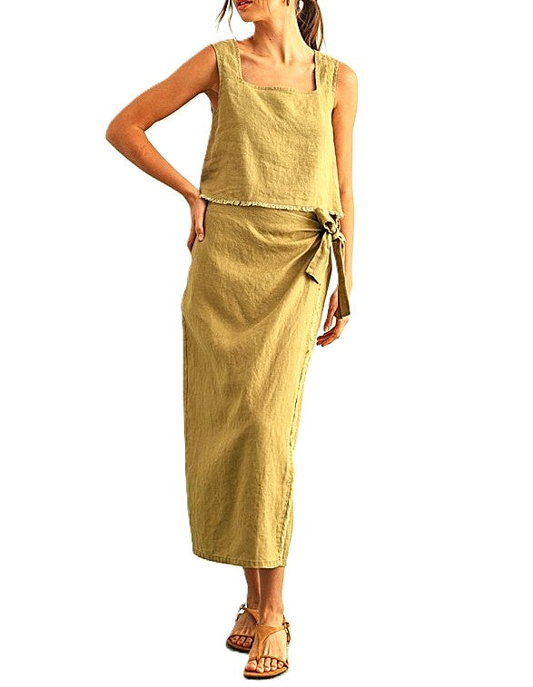 Skirt Sets, Raw Hem Linen Wrap With Short Sleeve Square Neck Top (Mustard)