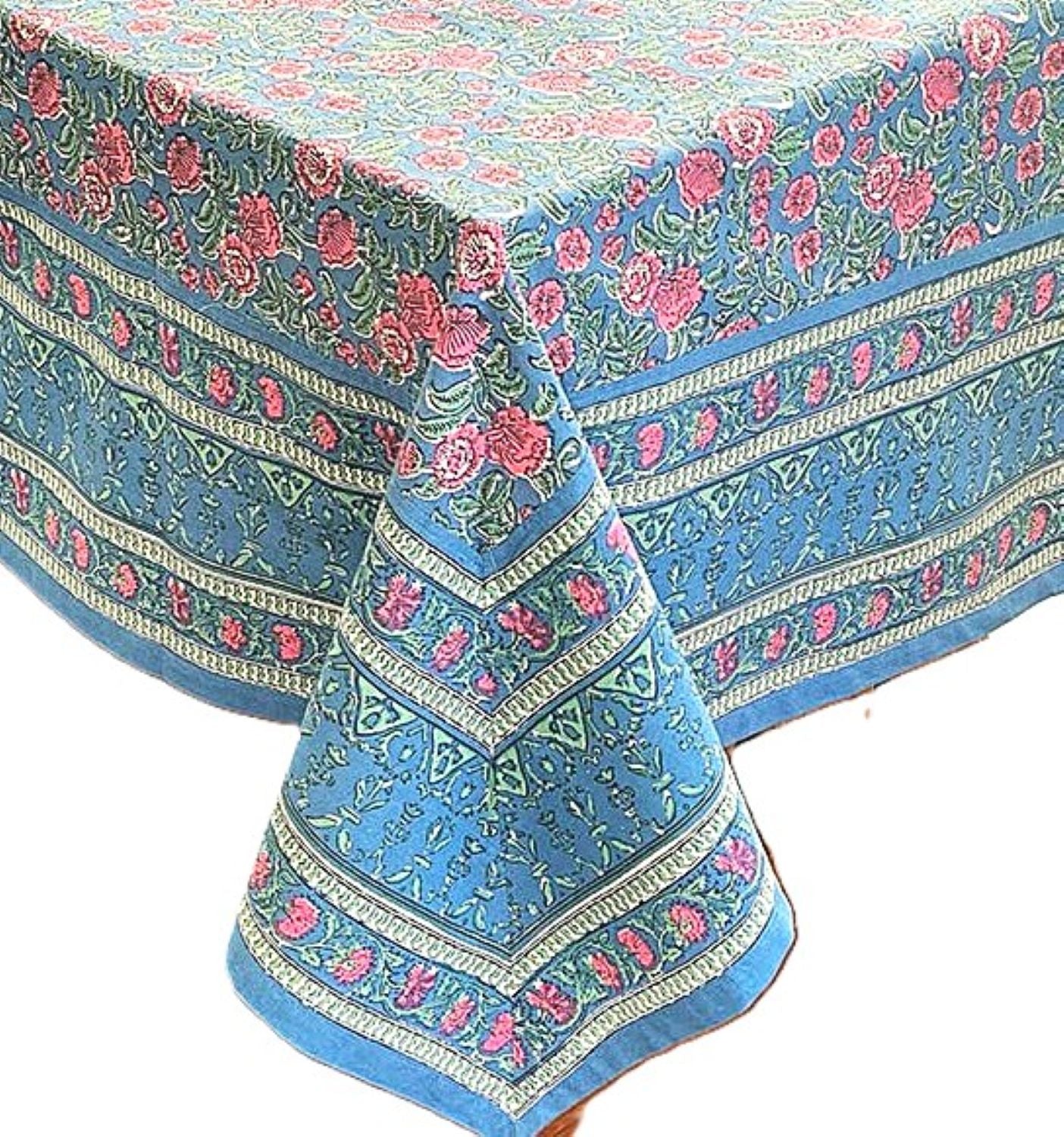 Floral Block Print Tablecloth, "Milli" Displays Spring Blooms. (60 X 90)