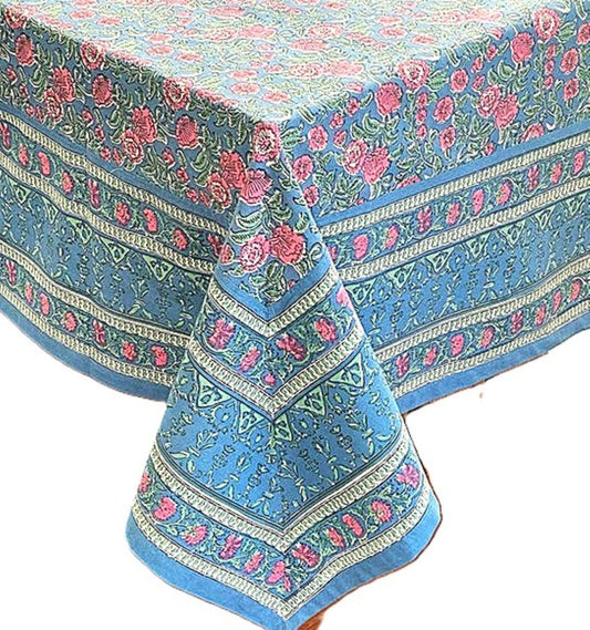 Floral Block Print Tablecloth, "Milli" Displays Spring Blooms. (60 X 90)