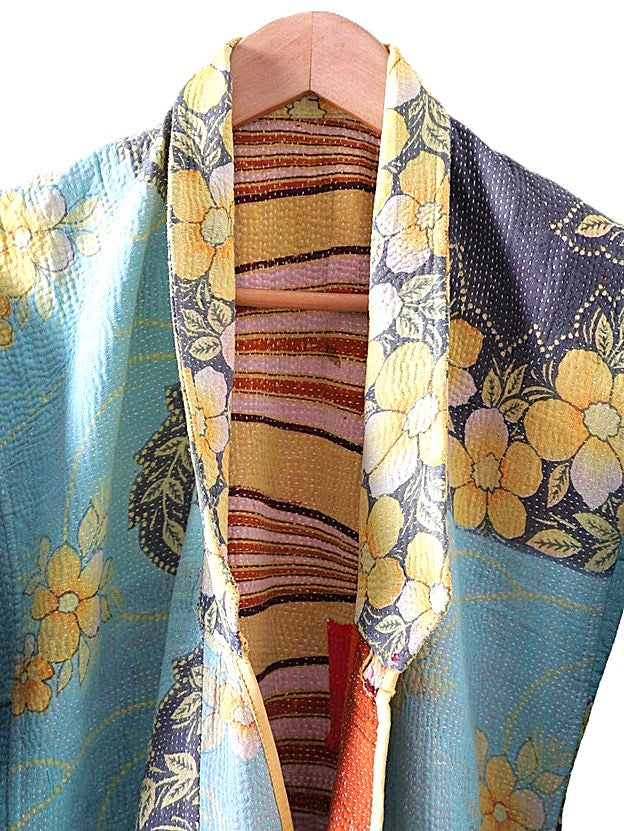 Jacket - Wearable Art,  Kantha Embroidered, Fully Reversible Boho Kimono: Handmade (Blue)