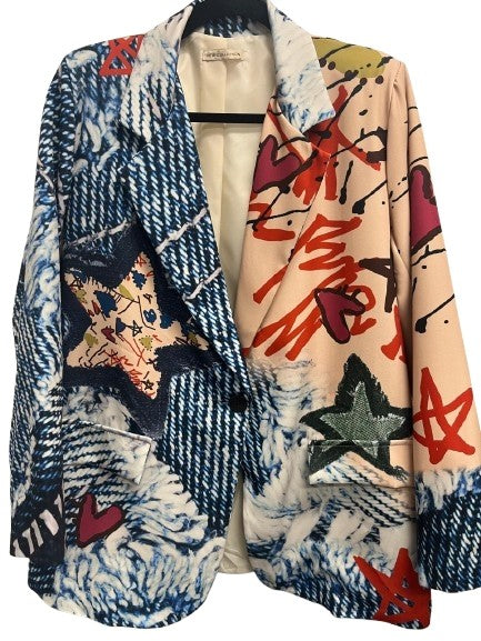 Contemporary One Size Italian Artistic Denim Graffiti Blazer. Trendy