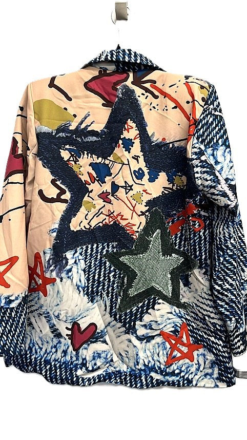 Contemporary One Size Italian Artistic Denim Graffiti Blazer. Trendy