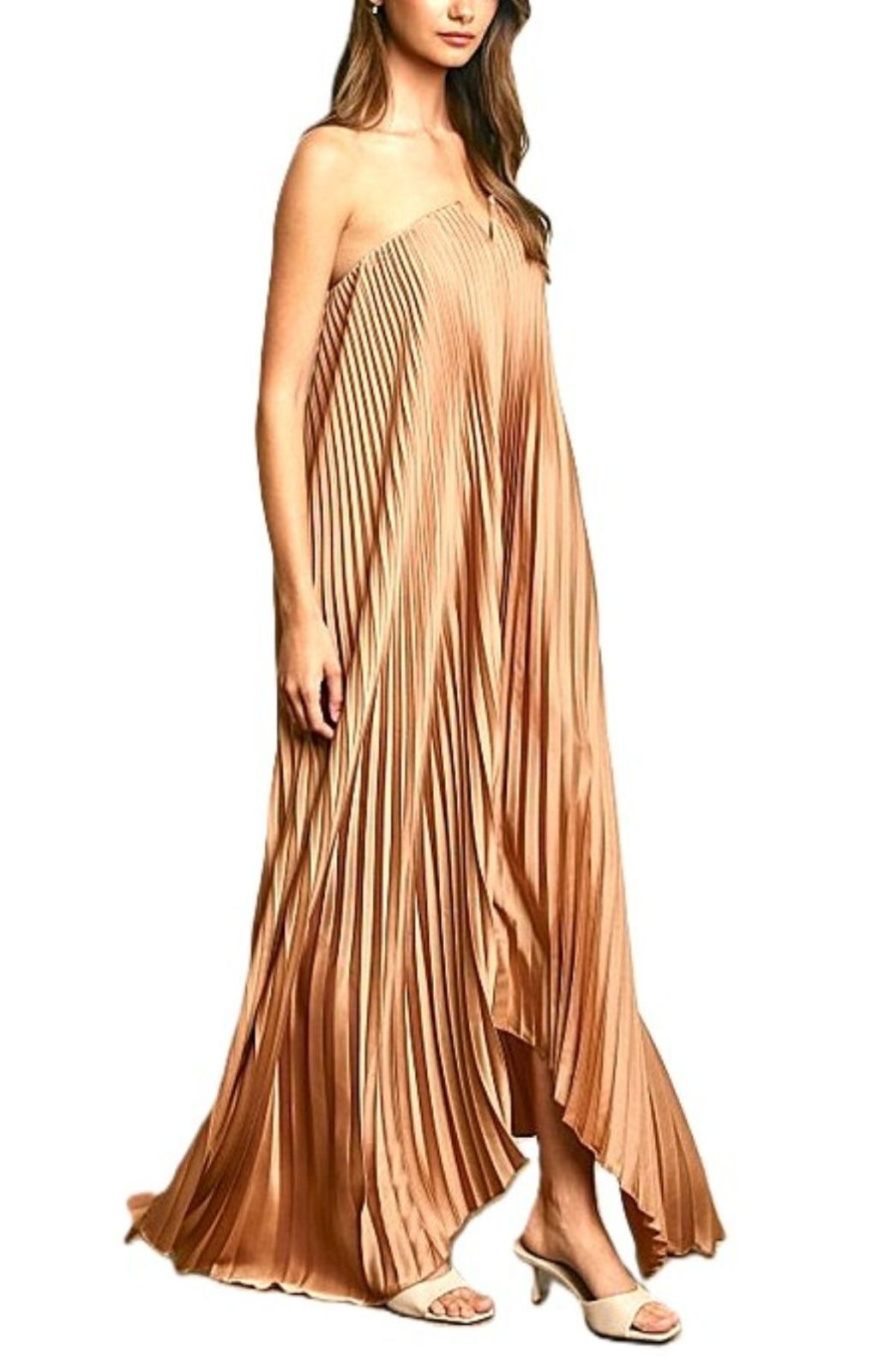 Dresses, Satin Strapless Pleated Maxi Column. Statement Piece (2 Colors).