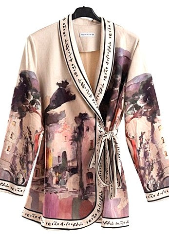 Italian Watercolor Landscape Suede Wrap Jacket: Brushed Polyester, Left-Tie Closure (Blush)
