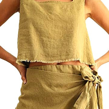Skirt Sets, Raw Hem Linen Wrap With Short Sleeve Square Neck Top (Mustard)
