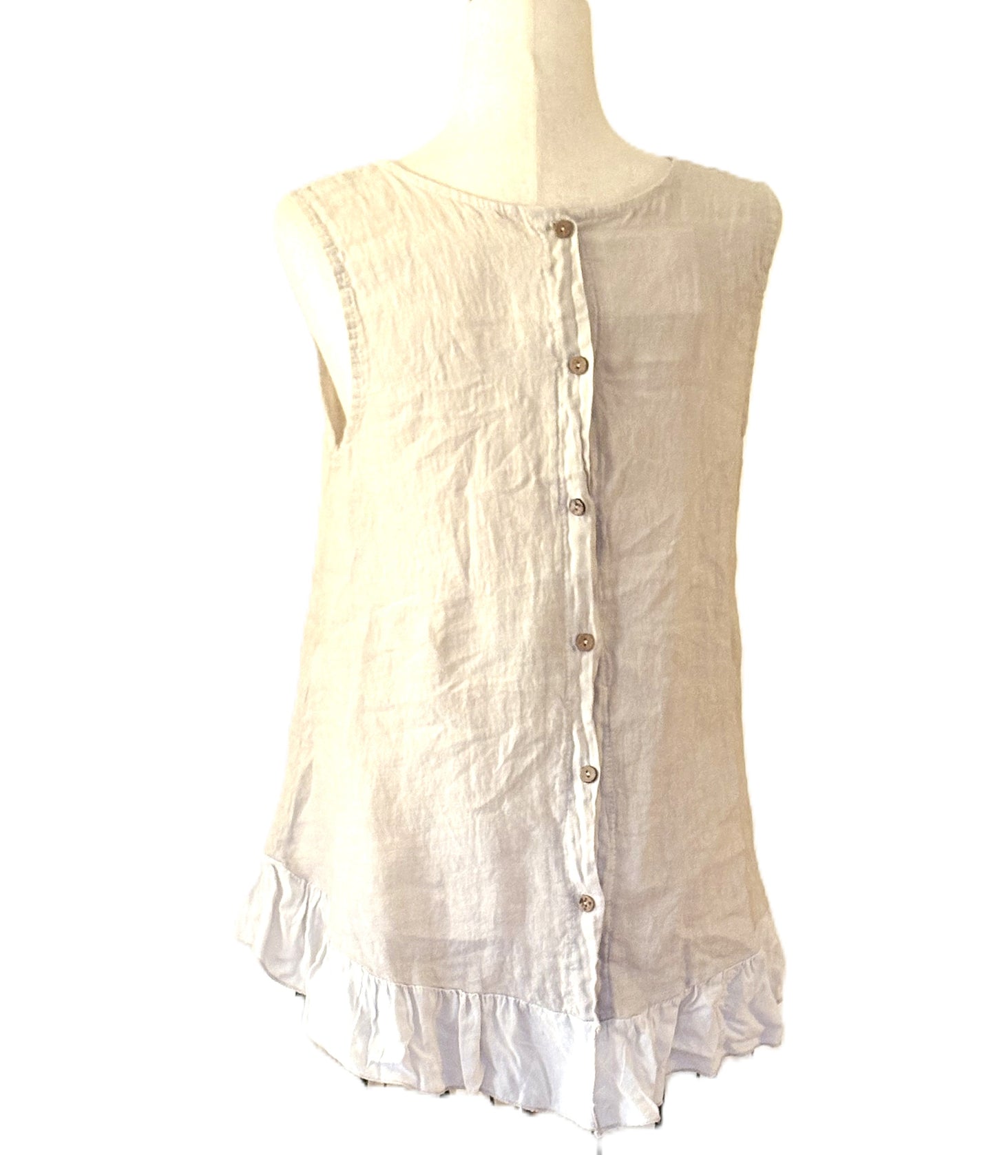 Top: Linen Silk Collection Tank Top With Ruffle Is Chic. (Natural)