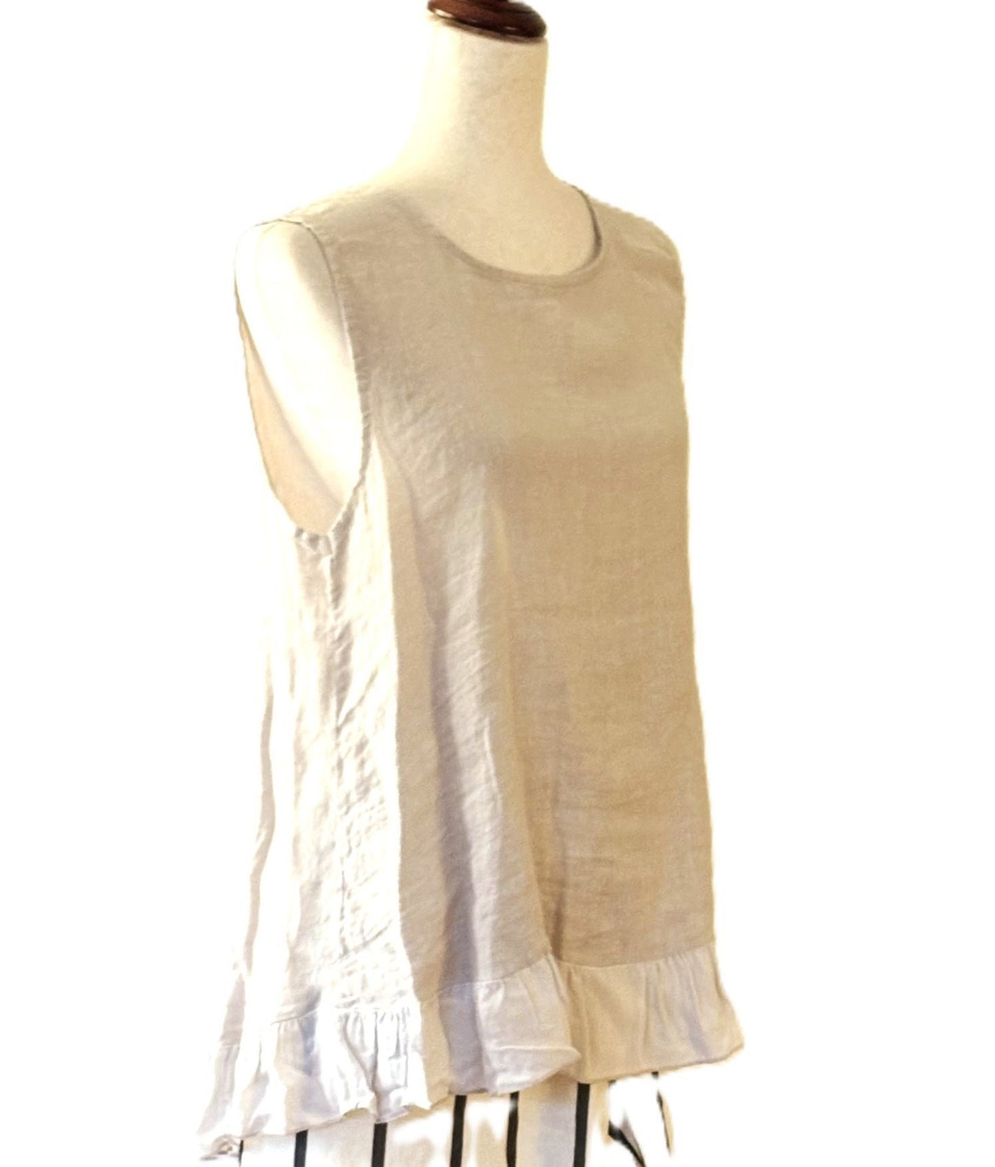Top: Linen Silk Collection Tank Top With Ruffle Is Chic. (Natural)