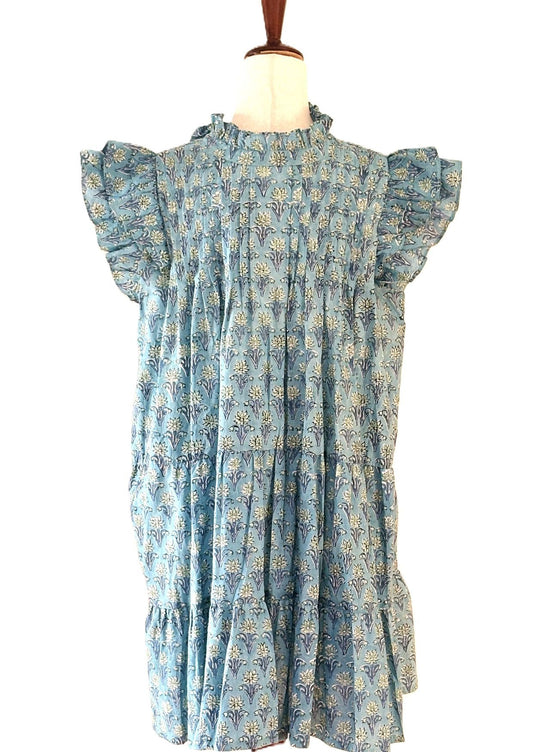 Dresses: Block Print With A Short Flutter Sleeve Is Smart. (Aqua)