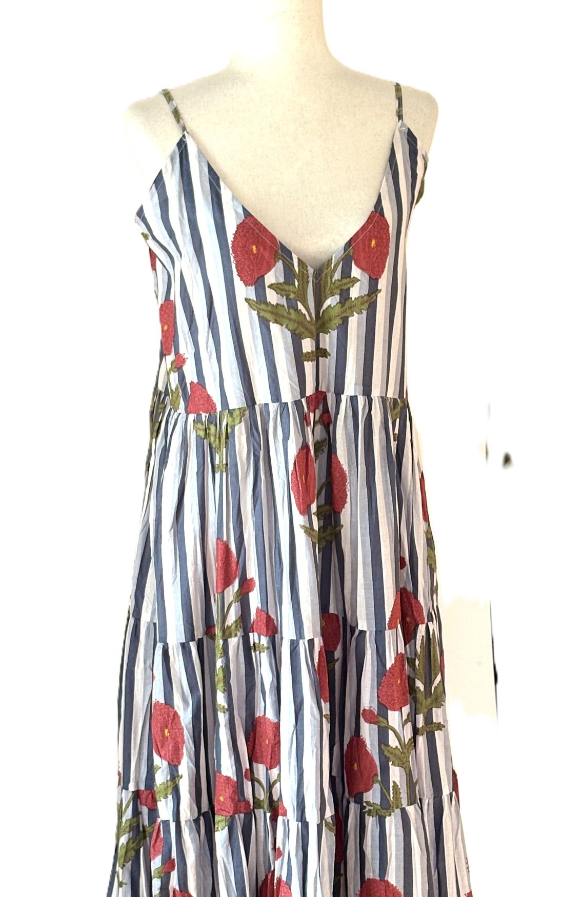Dresses, Strappy Tiered Midi Length Floral On Stripe Is A Favorite