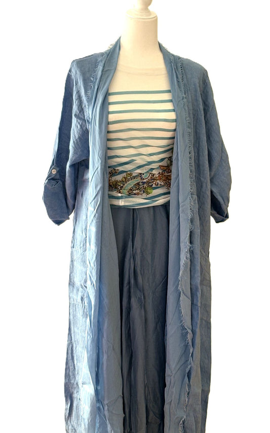 Jacket: Long Italian Linen and Silk Duster Jacket With Frayed Edges (7 Colors)