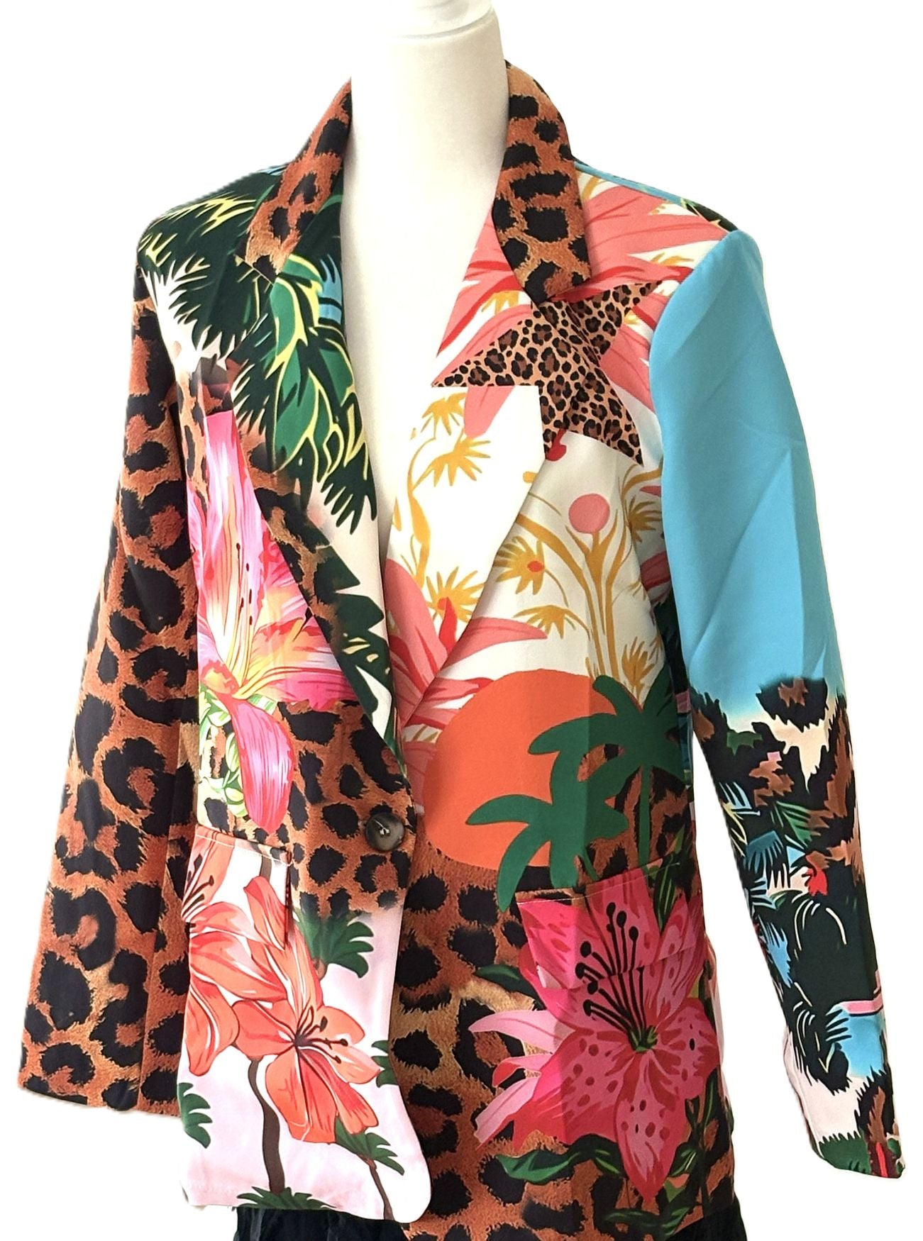 One Size Italian Multi Floral Leopard Print Blazer