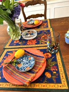 Set of 4 Hand Painted Designer Placemats (Floral Navy)