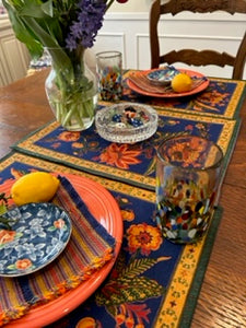 Set of 4 Hand Painted Designer Placemats (Floral Navy)
