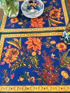 Set of 4 Hand Painted Designer Placemats (Floral Navy)