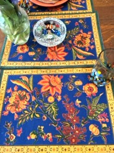 Set of 4 Hand Painted Designer Placemats (Floral Navy)