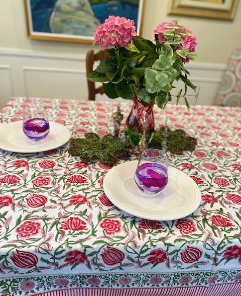 Elegant Floral Block Print Table Cloth is Festive. (60x90) Napkins and Placemats Available