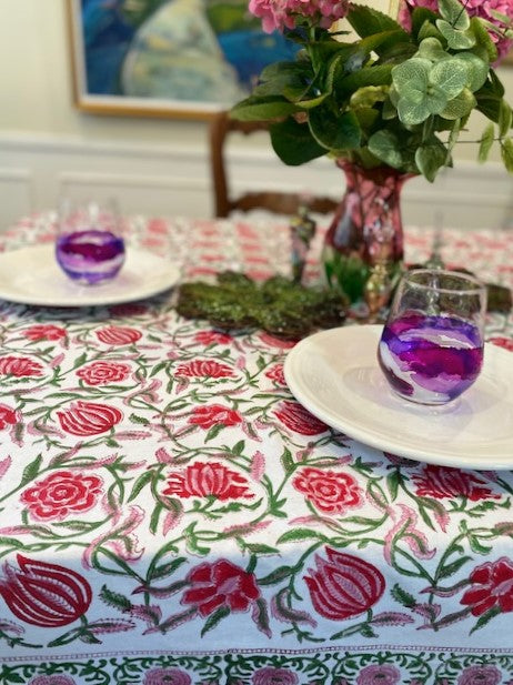 Elegant Floral Block Print Table Cloth is Festive. (60x90) Napkins and Placemats Available