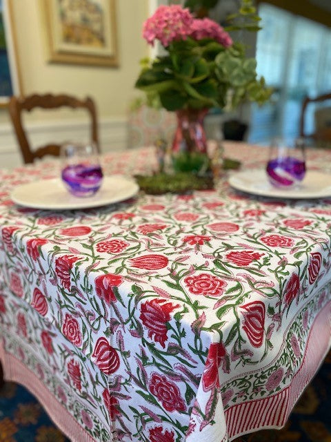 Elegant Floral Block Print Table Cloth is Festive. (60x90) Napkins and Placemats Available