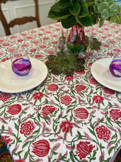 Elegant Floral Block Print Table Cloth is Festive. (60x90) Napkins and Placemats Available