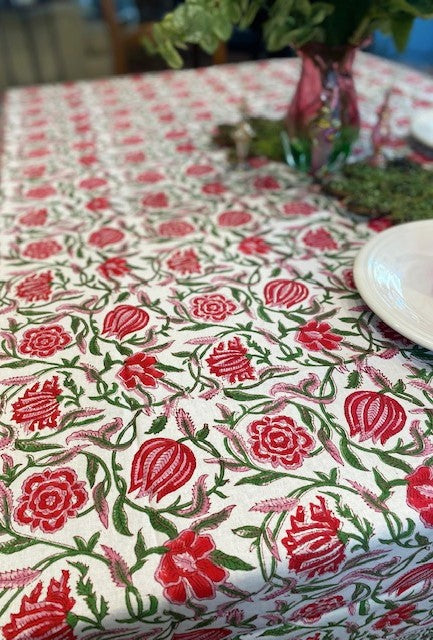 Elegant Floral Block Print Table Cloth is Festive. (60x90) Napkins and Placemats Available